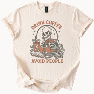 Coffee Skeleton Reading Shirt Drink Coffee Avoid People Funny Book Lover Tee